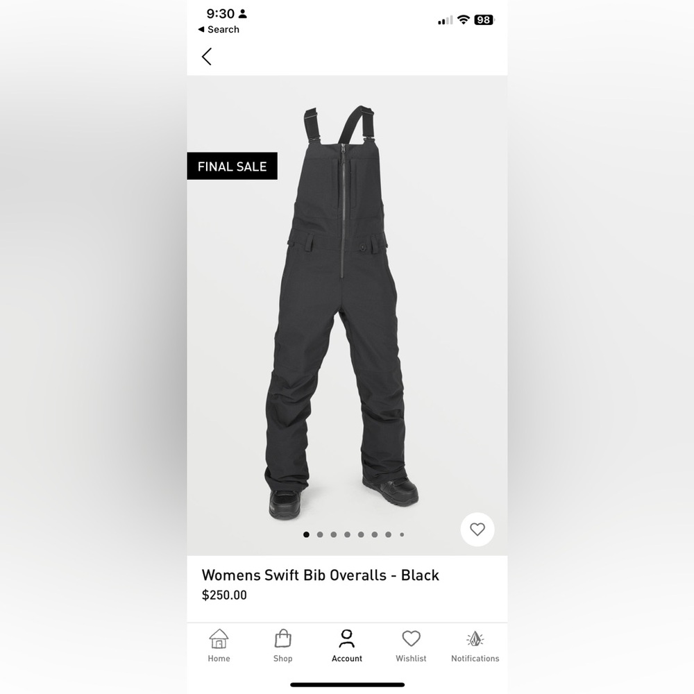 Women’s VOLCOM swift bib overalls - black